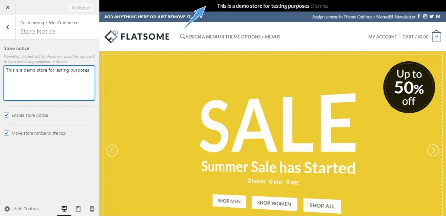 Lưu bản nháp tự động tùy chỉnh store notice flatsome